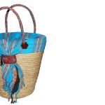 TS0001-1 Tasche Kikoy Raffia und blauer Kitengestoff H 45 cm B 35 cm Stoffmuster können abweichen